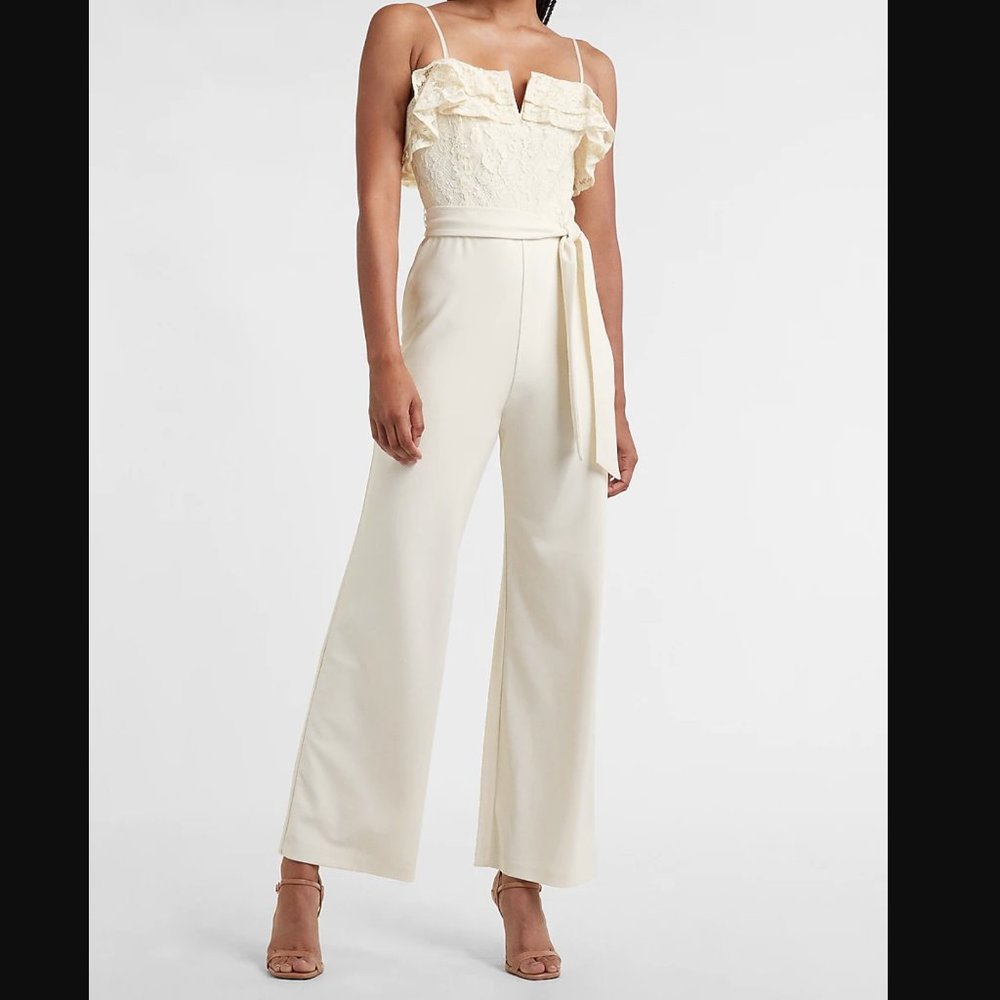(NWT) Express Ruffle Lace Bodice Belted Wide Leg Jumpsuit - Size S